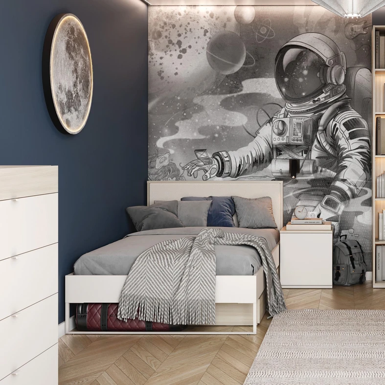 Aranżacja nowoczesnego pokoju młodzieżowego z astronautą.
