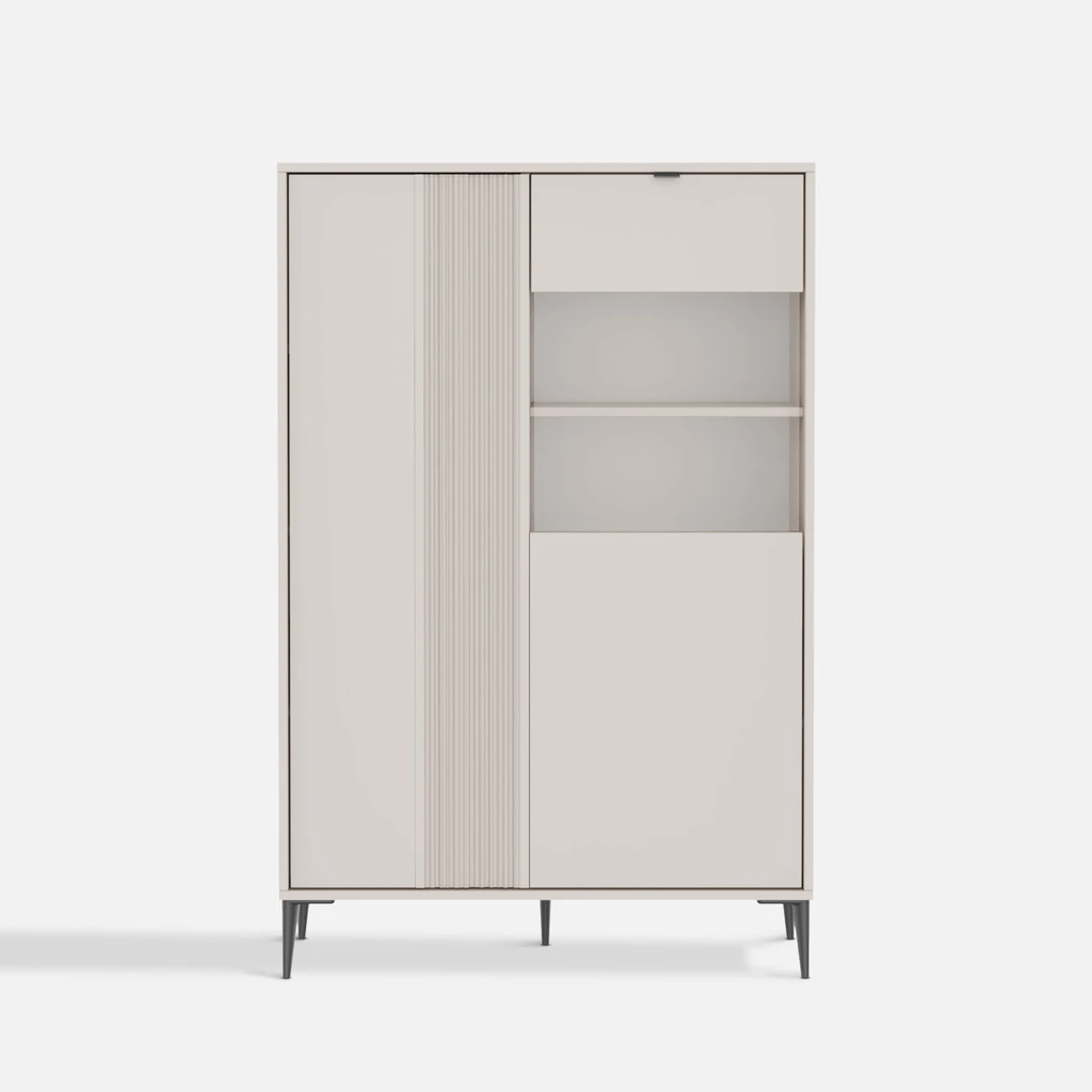 Witryna niska INERTIA kaszmir Niska witryna INERTIA w kolorze kaszmiru – połączenie przeszklonej części i zamykanych drzwi.