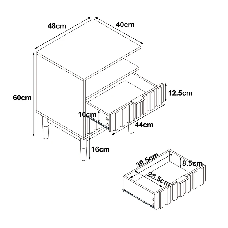 Rysunek techniczny z podanymi wybranymi wymiarami mebla