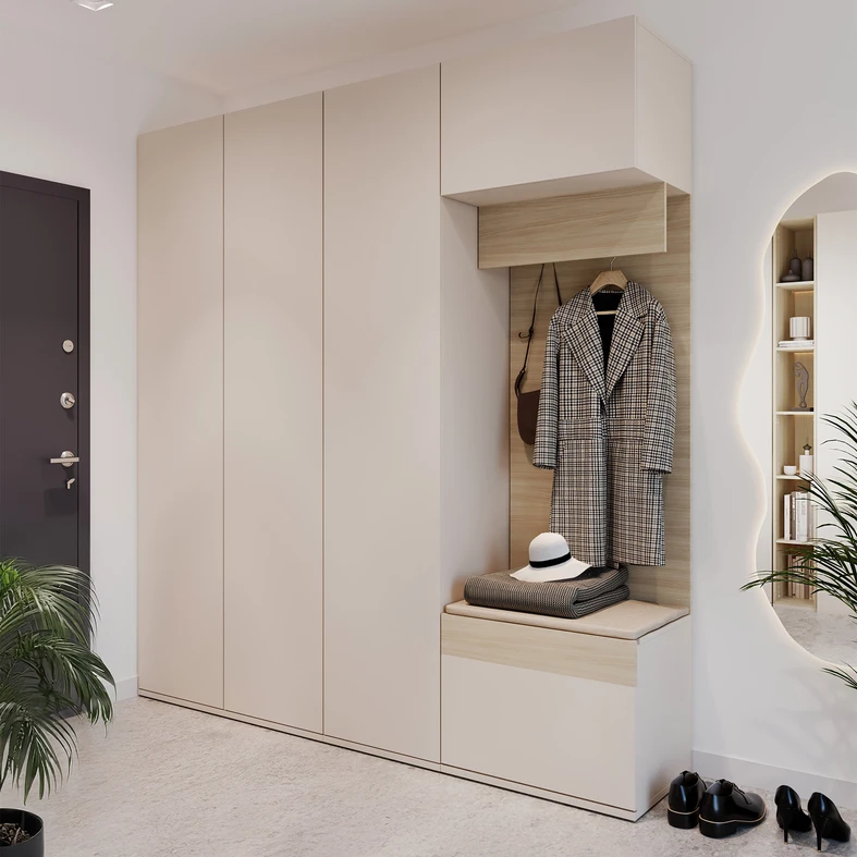 Zabudowa na całą ścianę w przedpokoju z szafami i garderobą na rogu