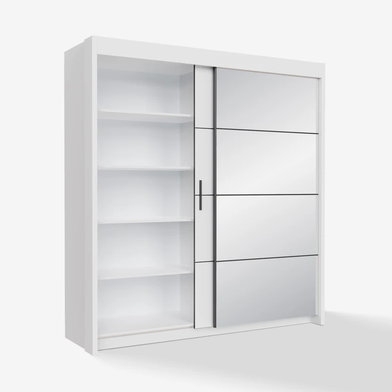 Otwarta biała szafa z widocznym wnętrzem z półkami i drążkiem ubraniowym